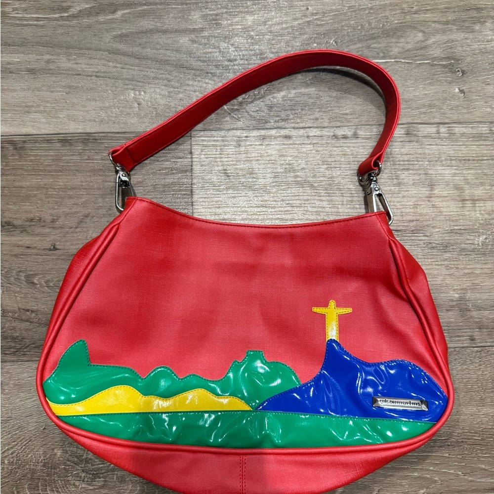 Gilsonmartins Red Shoulder Bag with Colorful Landscape with Cross